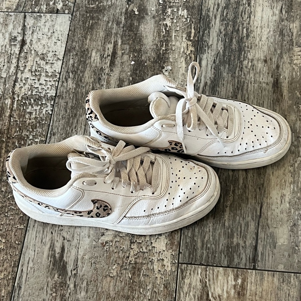 White Nike Sneakers with Leopard Print Accents